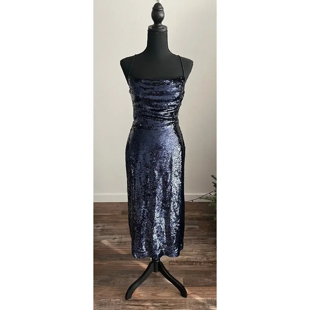 Sabina Musayev Navy Sapphire Open Lace Up Back Midi Lera Sequin Dress